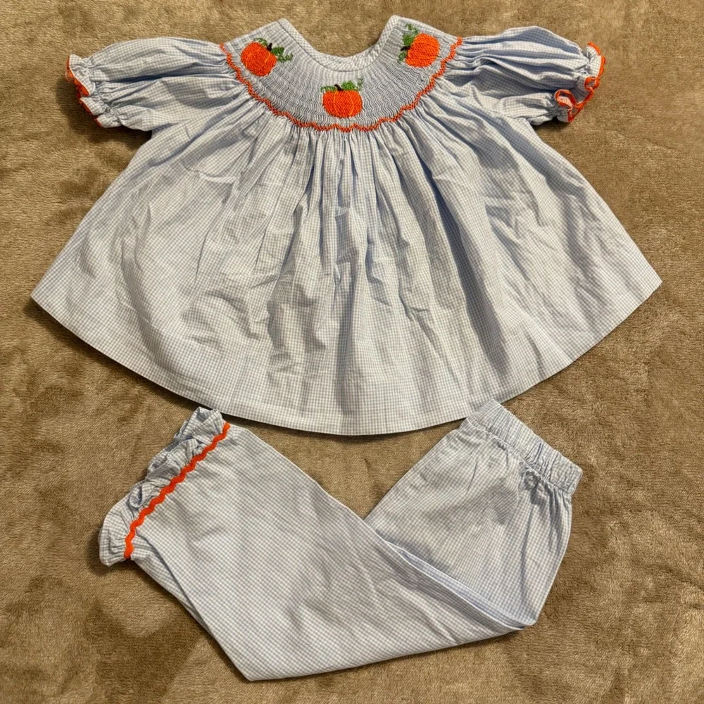 Eliza James Girls Smocked Pumpkin Gingham Top & Pants Set Blue Orange Size 2